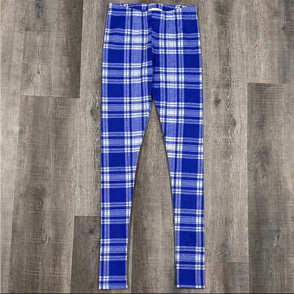 💞 Kids Medium Double Knit Blue Plaid Leggings